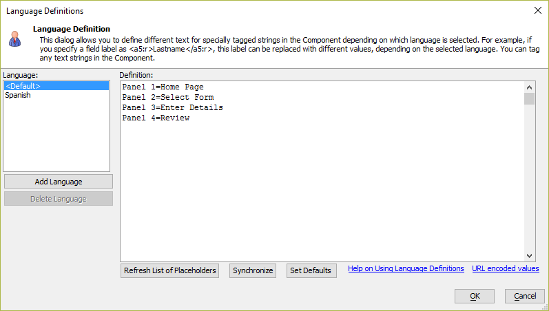 Language Definitions Dialog